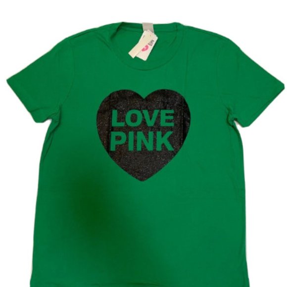 Victoria's Secret LOVE PINK Green St PATRICK'S DAY Black Glitter Heart T-SHIRT L - Picture 3 of 12